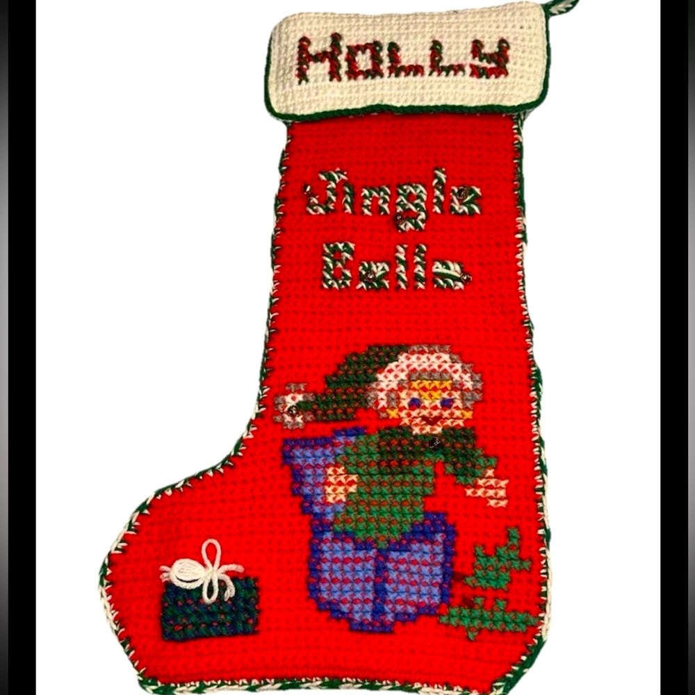 VTG Crocheted Christmas Stocking 25"x14" Personalized HOLLY Jingle Bell Elf